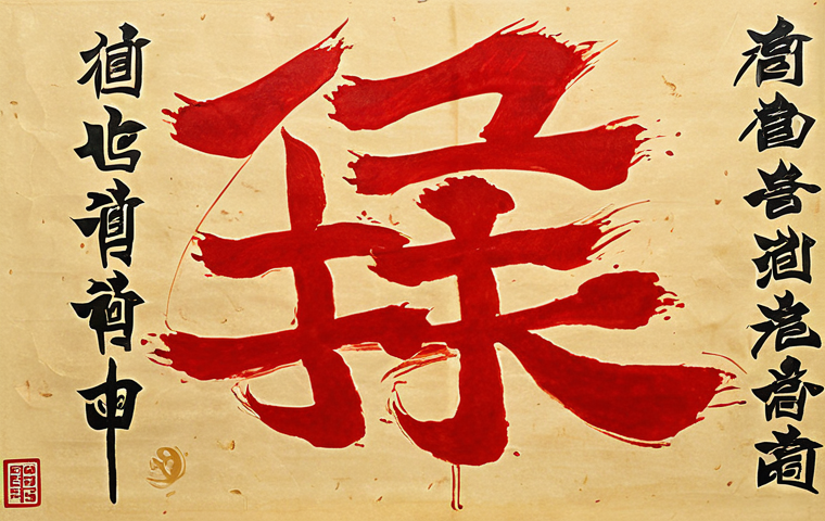 **Image Prompt:** Vibrant Korean calligraphy artwork featuring bold red and gold ink on traditional Hanji paper, symbolizing prosperity and good fortune. Show a close-up detail of brushstrokes with dynamic movement.