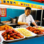 A vibrant street food stall in Kuala Lumpur, Malaysia, overflowing with delicious-looking Korean snacks like tteokbokki and Korean fried chicken, with diverse Malaysian customers enjoying the food. Focus on the colorful atmosphere and the fusion of Korean and Malaysian cultures.