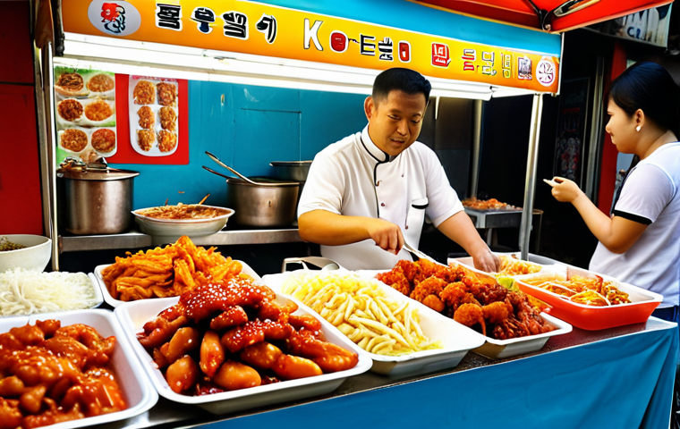 A vibrant street food stall in Kuala Lumpur, Malaysia, overflowing with delicious-looking Korean snacks like tteokbokki and Korean fried chicken, with diverse Malaysian customers enjoying the food. Focus on the colorful atmosphere and the fusion of Korean and Malaysian cultures.