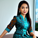 ** A Malaysian businesswoman in a modern batik kebaya, seated at a desk in a bright, contemporary Kuala Lumpur office. The office background includes a glimpse of the Petronas Twin Towers. Fully clothed, appropriate attire, safe for work, perfect anatomy, natural proportions, professional photograph, high quality.

**