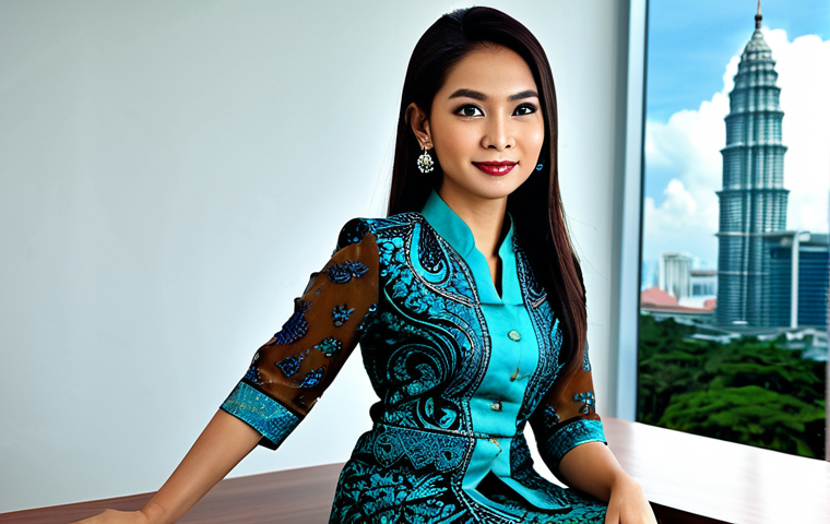 ** A Malaysian businesswoman in a modern batik kebaya, seated at a desk in a bright, contemporary Kuala Lumpur office. The office background includes a glimpse of the Petronas Twin Towers. Fully clothed, appropriate attire, safe for work, perfect anatomy, natural proportions, professional photograph, high quality.

**