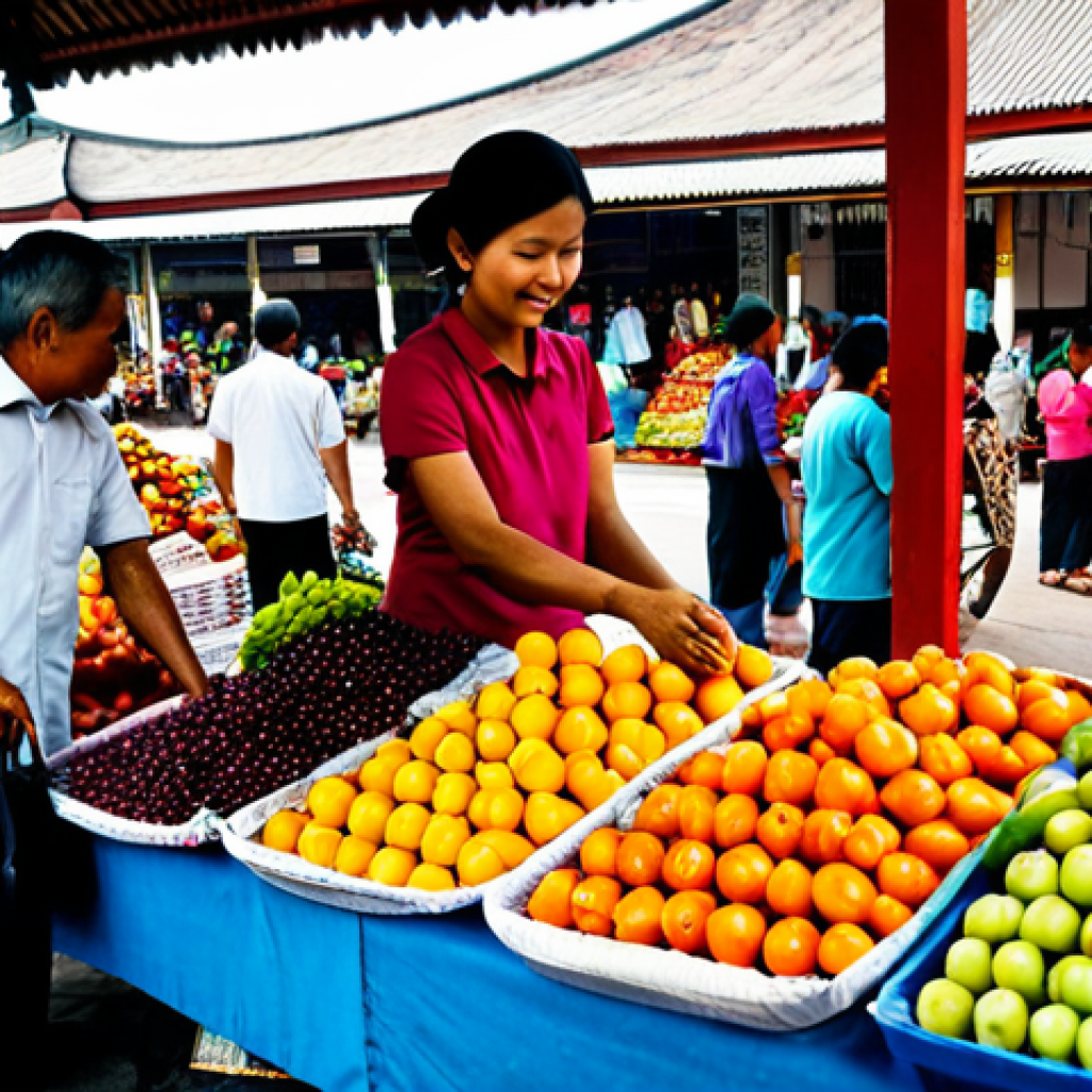 한글 네이밍 기법 - **
"A vibrant Malaysian marketplace scene. A friendly vendor in a *baju kurung* is arranging colorf...