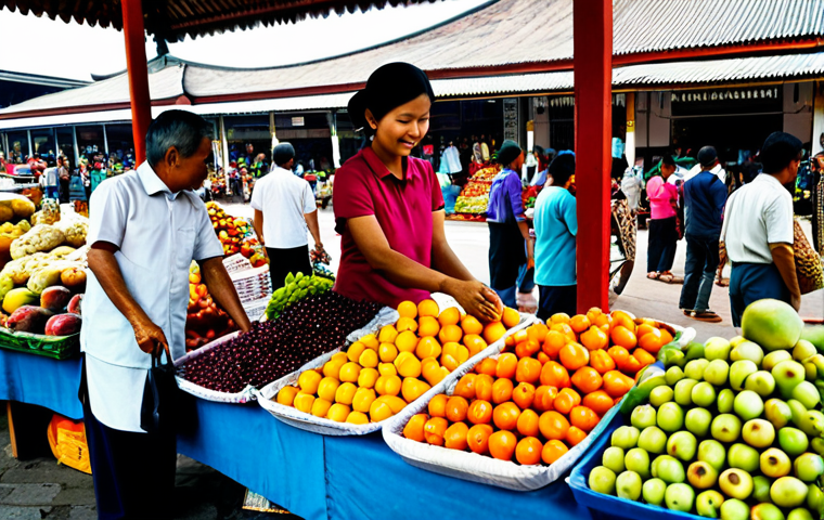 한글 네이밍 기법 - **
"A vibrant Malaysian marketplace scene. A friendly vendor in a *baju kurung* is arranging colorf...