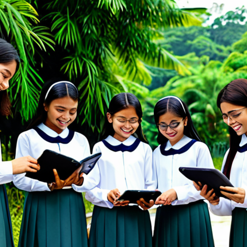 한글과 웹툰 - A group of Malaysian students, fully clothed in modest and respectful school uniforms (baju kurung a...
