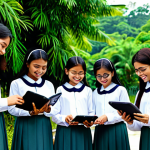 한글과 웹툰 - A group of Malaysian students, fully clothed in modest and respectful school uniforms (baju kurung a...