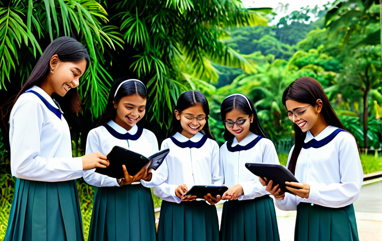 한글과 웹툰 - A group of Malaysian students, fully clothed in modest and respectful school uniforms (baju kurung a...