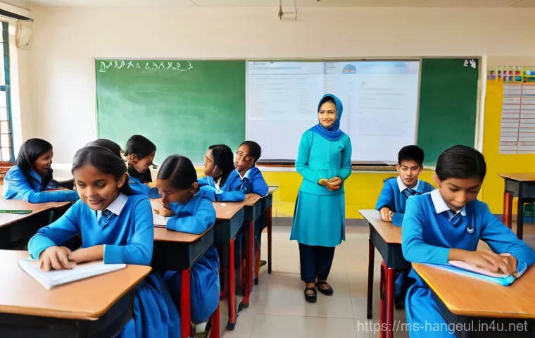 한글과 중고등학교 교육 - **Prompt:** A vibrant and modern classroom in a Malaysian secondary school, bustling with diverse st...