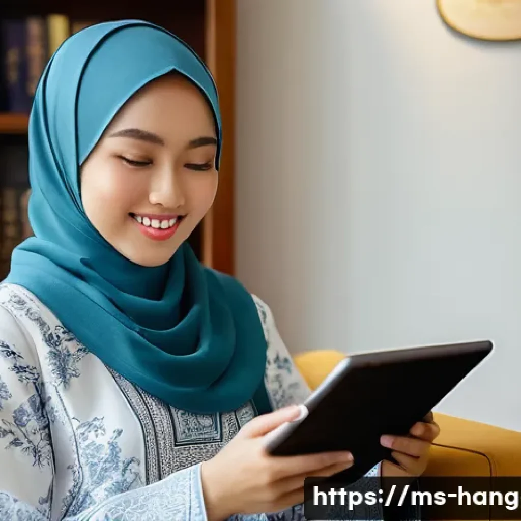 한글과 전자책 - A young Malay woman, in her early 20s, wearing a modern, stylish hijab and a comfortable, long-sleev...