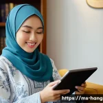 한글과 전자책 - A young Malay woman, in her early 20s, wearing a modern, stylish hijab and a comfortable, long-sleev...