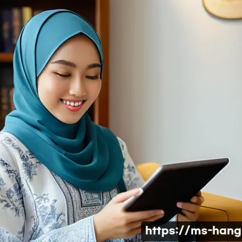 Home 24 한글과 전자책 - A young Malay woman, in her early 20s, wearing a modern, stylish hijab and a comfortable, long-sleev...