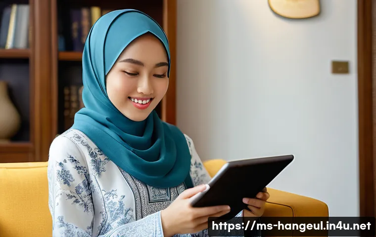 한글과 전자책 - A young Malay woman, in her early 20s, wearing a modern, stylish hijab and a comfortable, long-sleev...